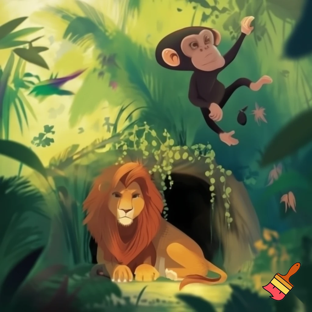 A peaceful jungle scene illustrated in a warm, storybook style. A proud lion named Charles rests calmly near the entrance of his cozy cave, while a curious chimpanzee named Parker climbs high in the trees, looking out as if dreaming of adventure. The sunlight filters softly through green leaves, colorful birds sing, and a gentle breeze moves the plants. The scene feels happy, calm, and full of life.”