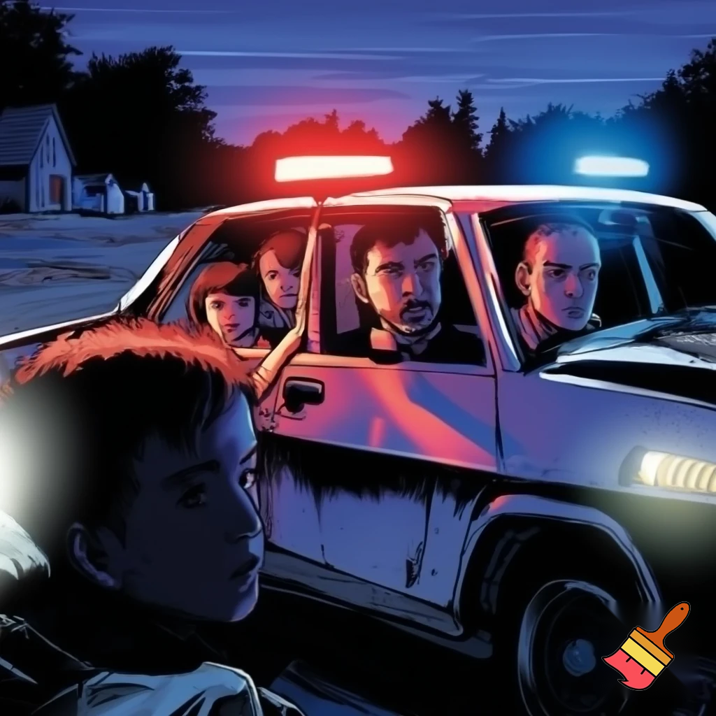 A family of 4 one boy one girl and mum and dad getting pulled over