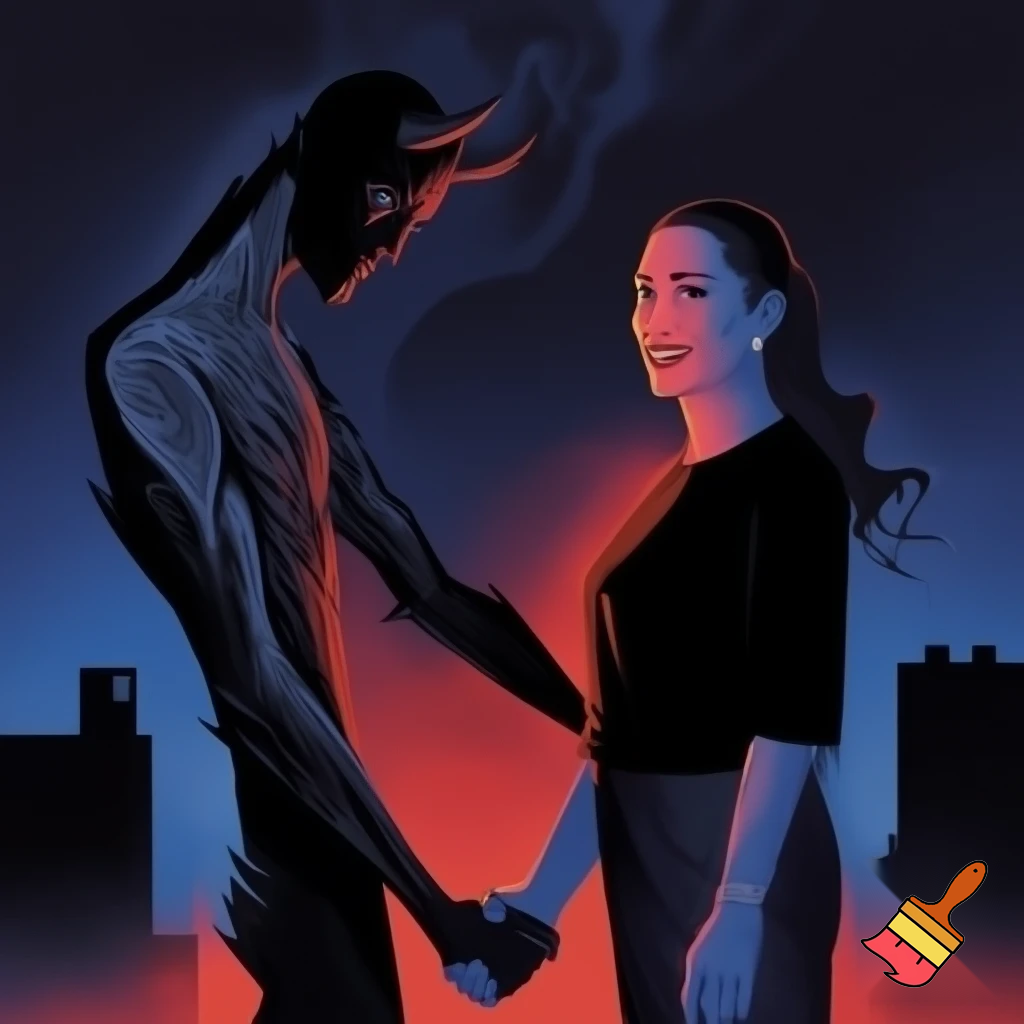 claudia sheinbaum holding hands with the devil and smiling, full body, 