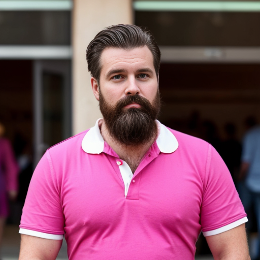 a man wearing a pink dress and he has a mustahe