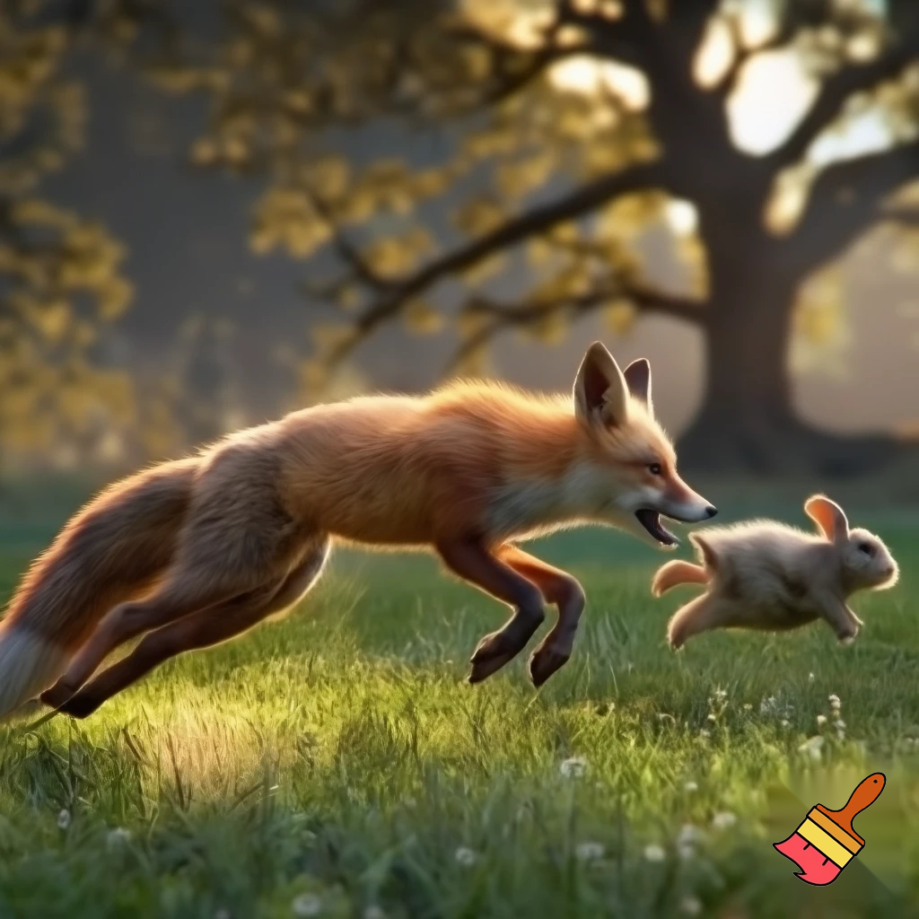 a realistic detailed photo of a fox chasing a a bunny