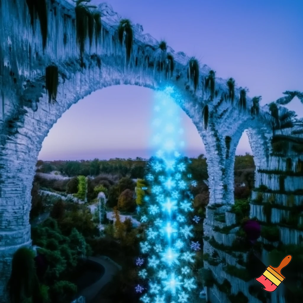  рисунок   фантастического рождественского сооружения: Висячие сады Снежной королевы: Ажурный мост-акведук, по которому течёт не вода, а поток мерцающих голограмм-снежинок, питающий «растения» из света в парках ниже
•	Критерии: Сложность геометрии, оригинальность идеи, качество проработки деталей, строительная логичность
