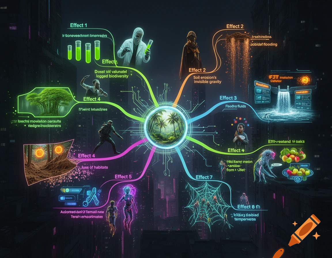 CReate an imformative mindmap illustrating the danger and risks of the loss of tropical rainforests in a cyberpunk style. Add a reason next to each effect. Use neon colours and futuristic characters to represent the elements involved. Include the following components: Effect 1: loss of valuable medicines: example.........; Effect 2: soil erosion; Effect 3: Flooding; Effect 4: Mudslides; Effect 5: Lose natural habitats; Effect 6: Lose sources of food; Effect 7: Rise in global temperature; Effect 8: Broken food webs
