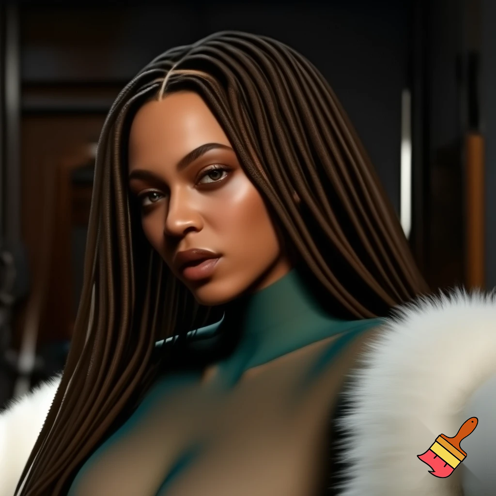 Beyonce with long african brown box braids with brown makeup wearing a dark pastel transparent green bodysuit with a white fur coat on selfie angle face ,confidence bad bitch 