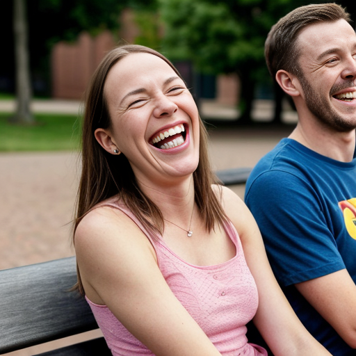 two people sitting on a bench laughing hysterically