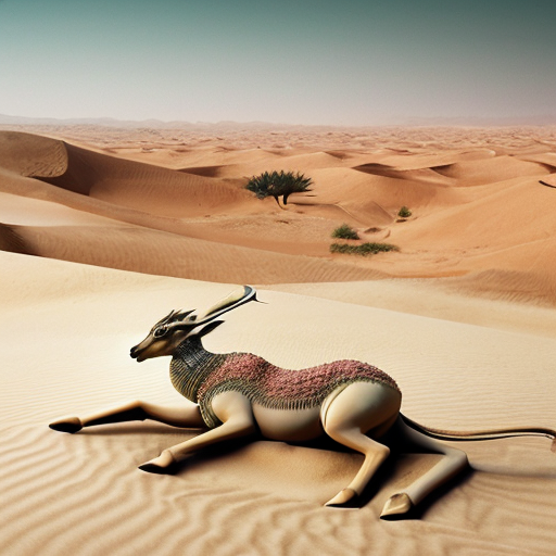 "A graceful gazelle in the golden UAE desert, wearing traditional Emirati clothing (talli) elegantly draped over its body, while sipping a cup of matcha tea. The warm sunlight highlights the intricate patterns of the talli and the textures of the sand dunes. Style: realistic with whimsical charm, soft warm tones, detailed desert background, blending cultural heritage with playful imagination."
