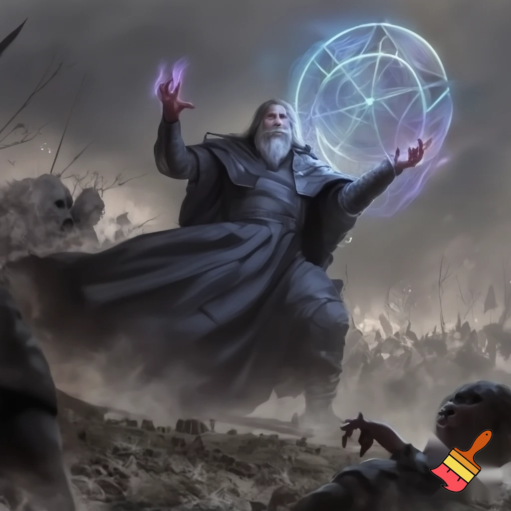 an grey-bearded archmage with hooded black robes, casting a barrier spell in a battlefield