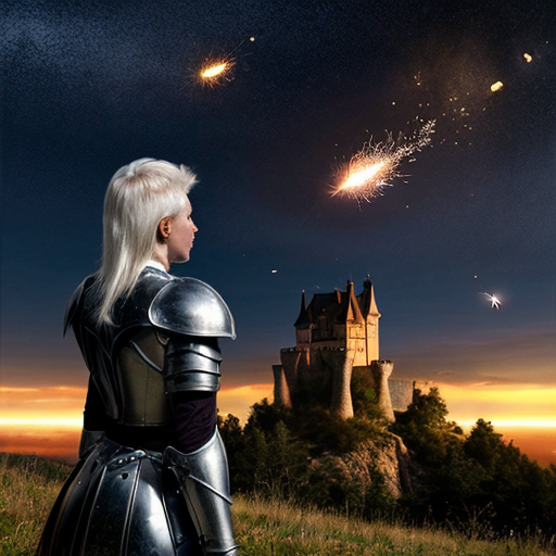 young tall white-haired woman in armor watches as meteors fall on the castle