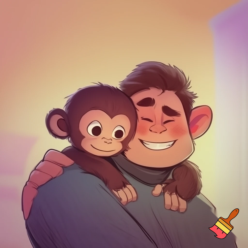 Cartoon man love his monkey 
