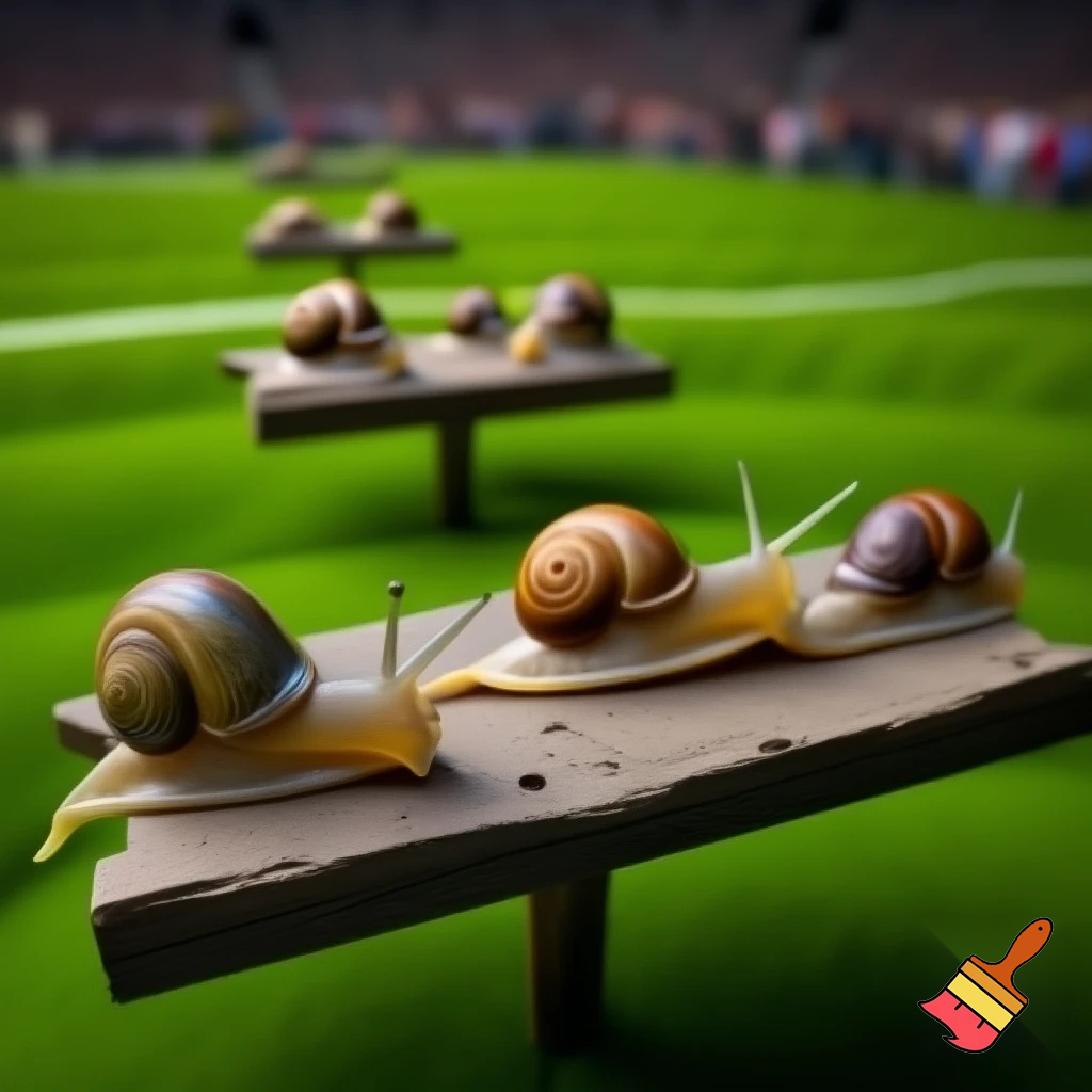 je veus que tu me crée un image réalite dans une situation de course d'escargo avec des estrade séparer pour des éqeipe une qui est pour lles 