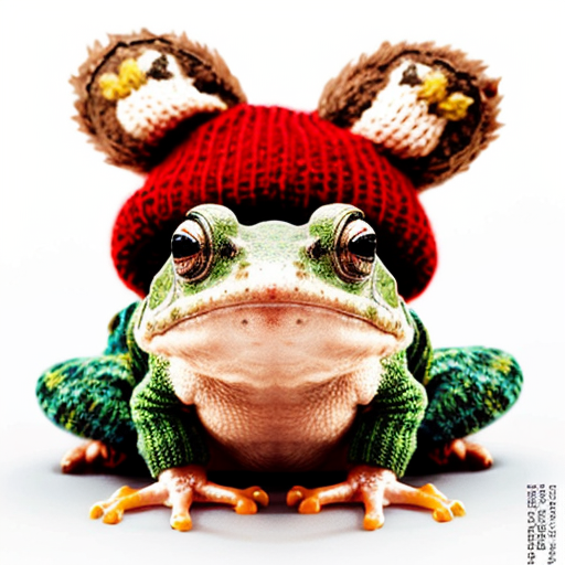 A laughable, puzzled animal toad in woolen, multicoloured winter clothings with woolen, funny winter cap. Hyperrealistic art style.