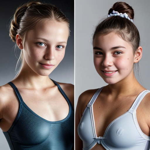 Two 17 year old girls. The one on the left has light brown hair and dutch braids going up to a bun green eyes freckles and fairly tan skin. The girl on the right has dark brown hair and blue eyes and a little bit paler skin they both have light blue and white gymnastics leotards that says ELITE