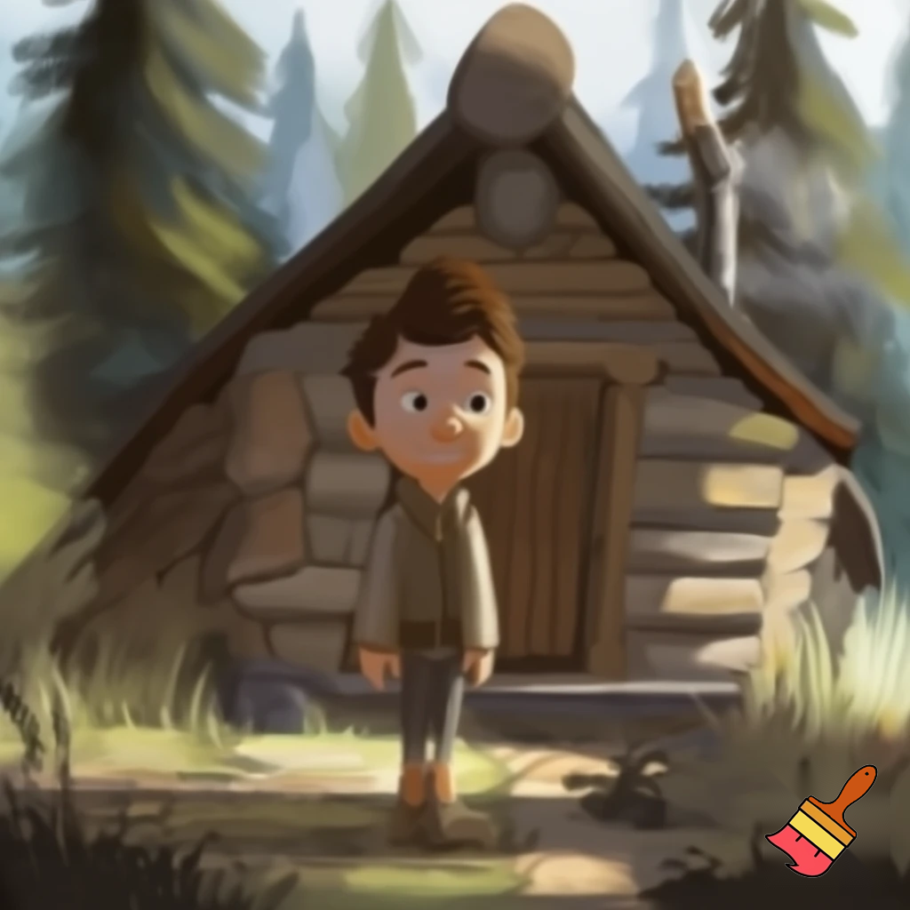 A kid that is in a front of a cabin and he is 11 years old 