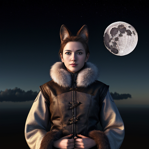 pathfinder female standing in front of the moon. detailed background. high quality. wolf ears. fur clothing.
