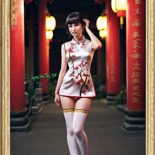 黑色长发女性，完美身材，完美动作，日式二次元手绘，全身照，黑色缎面镂空旗袍，金色镶边中国龙暗纹，亮光白色过膝袜，中式庭院背景，夜景，妩媚的眼神，手拿一节梅花枝，精致画风，完美作品