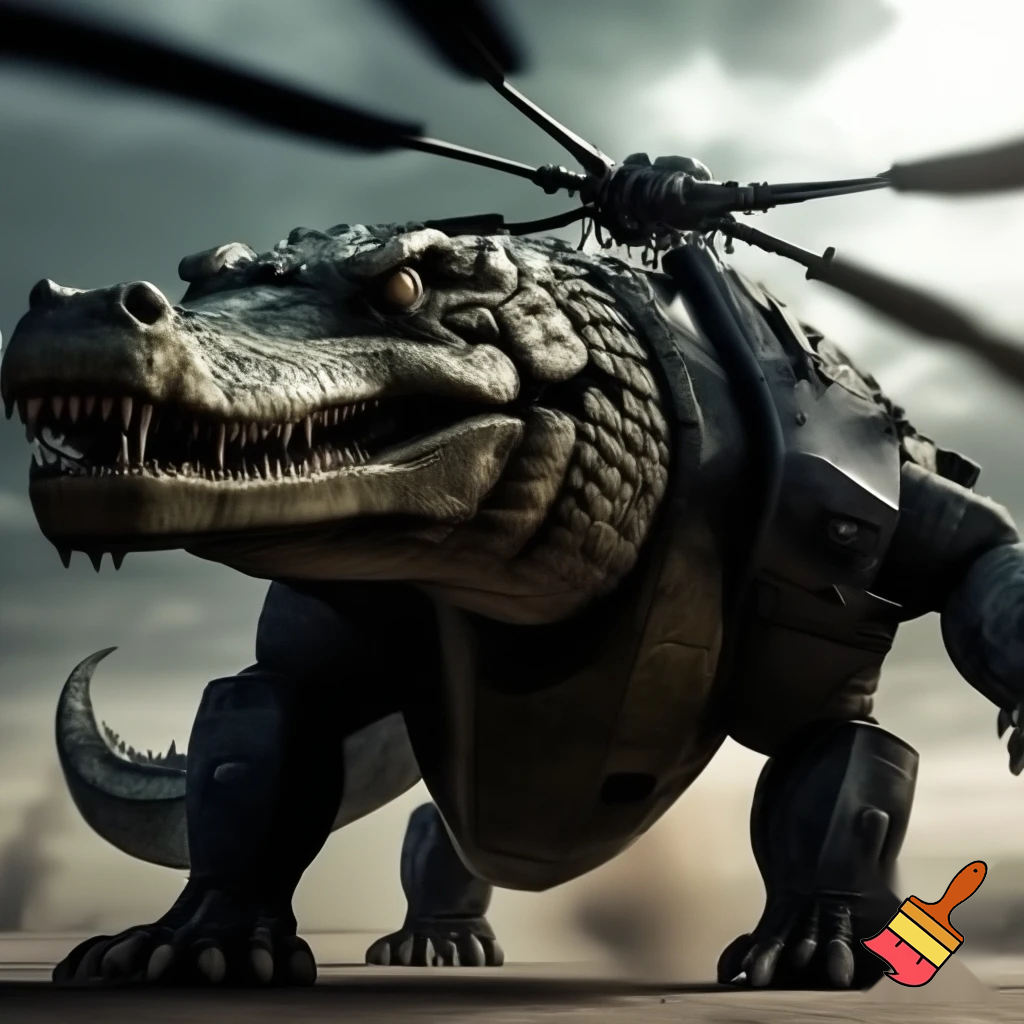 make a crocodile fused with an military helicopter
