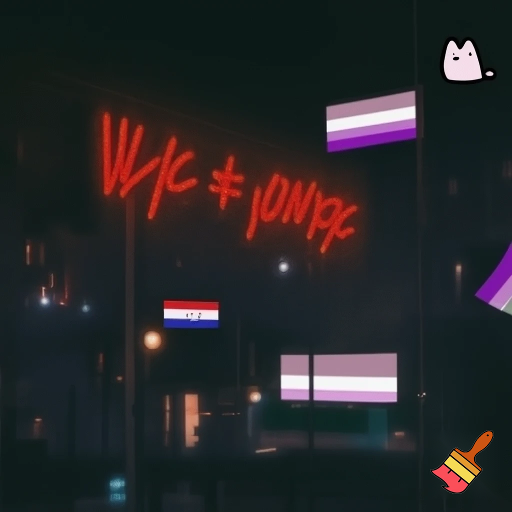 black city lofi background with emo-font style lettering that read: "YOU'RE NEVER FULLY DRESSED WITH OUT A SMILE!" in red fad to light black coloring, with pride flags: panromantic, asexual, trans masculine, pangender, and homosexual. also put the THERIAN symbol and a pusheen cat in the right corner. 