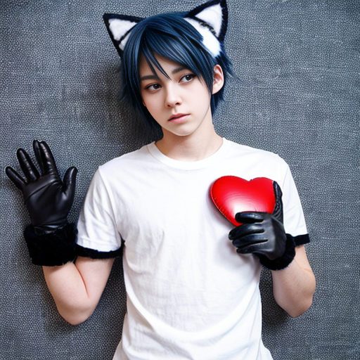 anime teenage boy with red eyes, black hair, white cat ears, a white shirt with a red love heart in the top right hand side, blue jeans, black gloves with one love heart per glove and a brown cat tail with a white stripe near the tip.
