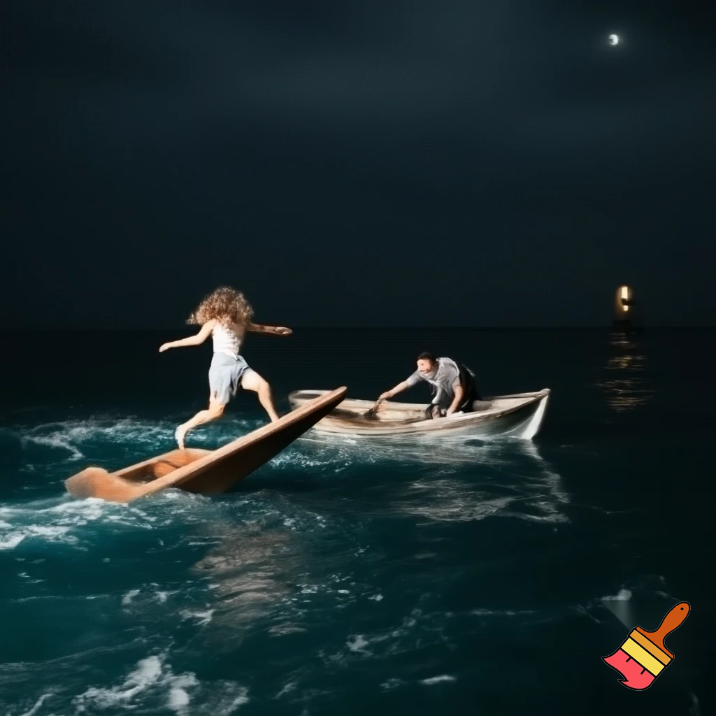 Draw a picture of a night scene of a sinking boat with a girl jumping out of the sinking boat and boarding another boat and another man in the other boat holding the woman's hand and calling her into his other boat.