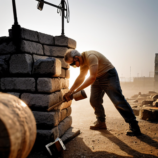 A dramatic, cinematic scene of a middle-aged man with short gray hair and sunglasses perched on his head, intensely carving the words "AMBRIMERDA" into a massive, rough-hewn stone block using a chisel and hammer. He's dressed in worn gray t-shirt and pants, covered in dust and sweat, standing on a rocky quarry floor with scaffolding nearby. Warm golden-hour lighting filters through dust particles in the air, casting long shadows and highlighting the texture of the stone and tools. 