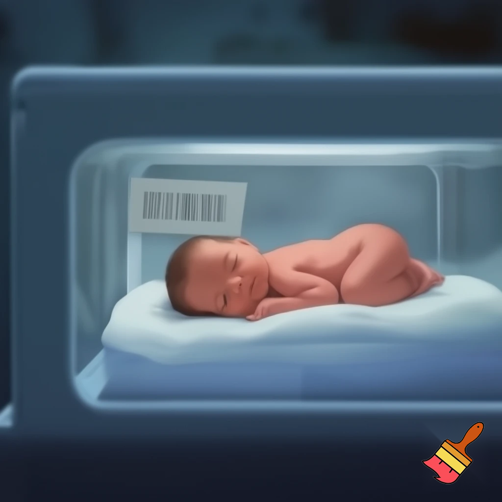 un bebé en una incubadora o cuna con una etiqueta de precio o código de barras 