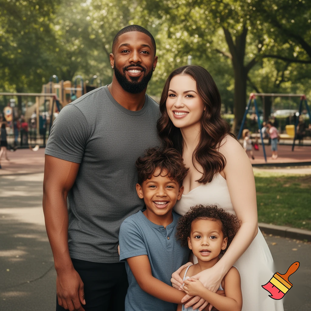 Michel B jordan with a brunnete white wife with one girl that is 3 years old and one boy that is 6 years old