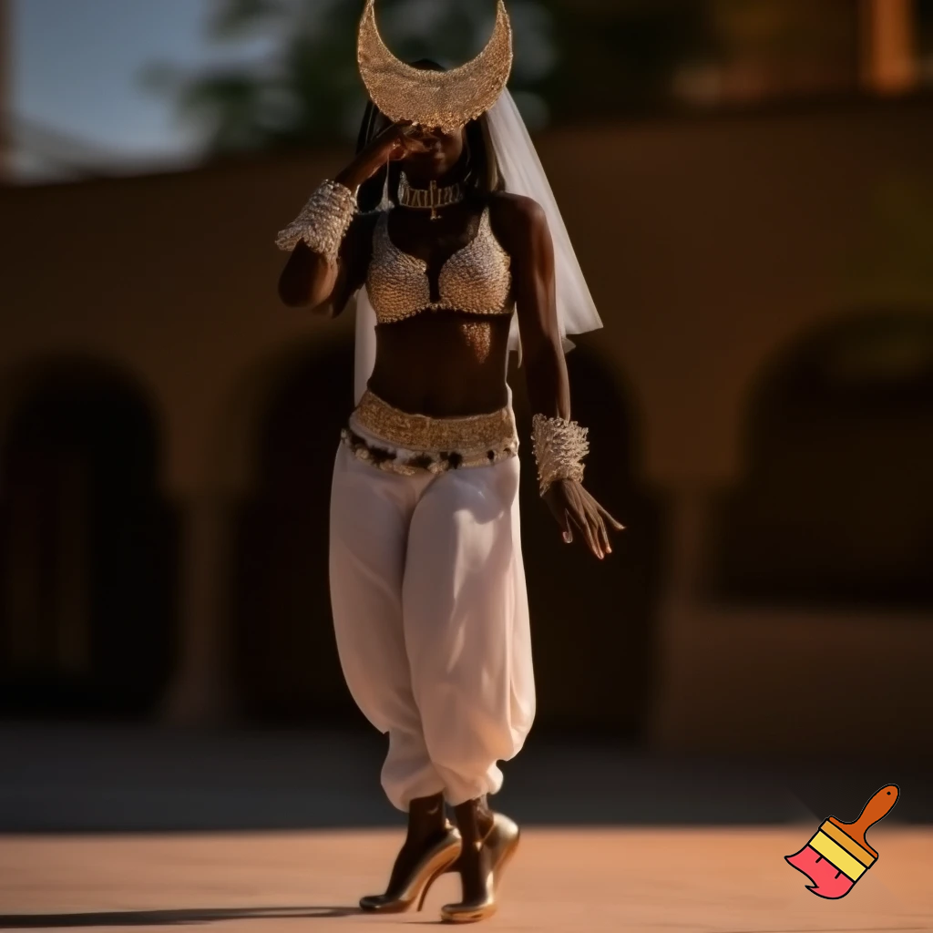 Attractive Moroccan woman with dark skin wearing a crescent moon headpiece, a veil, ornate cuffs, a bejeweled bra, a coin belt, harem pants and ballroom dance shoes in California 
