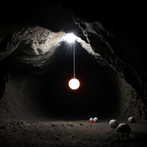 Eine dunkle Höhle und in der Höhle ist eine Kugel die leuchtet mit grünem Licht die Kugel ist rot und blau und glänzt und sie hat kleine sehr kleine schwarze und weiße Punkte 