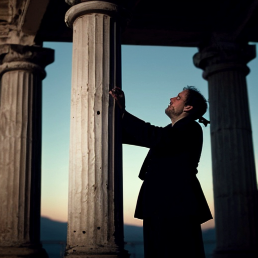 Genera una imagen de una columna griega con de rosas con espinas, las rosas salen desde abajo conforme van subiendo se van degradando hasta perderse en la columna, en la columna quiero que se vea un caballero, en la columna centrado de pie sosteniendo una espada al frente, que el caballero sea parte de la misma columna con el mismo material de la columna, también quiero que los colores sean bioluminiscentes, pero con un estilo gótico, y que haya un gato negro con ojos verdes abajo de la figura del caballero