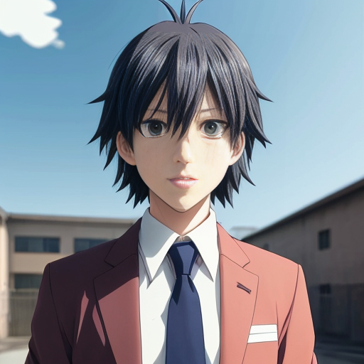 Haruka Sakura from Wind Breaker anime, male, upper body portrait, serious and silent expression, battle-ready stance, hair shoulder-length, slightly wavy, left side white, right side black, flowing with motion, heterochromia eyes: left gold, right dark blue, sharp focused gaze, natural anime skin tone, wearing Furin High School uniform with small tears and battle damage, white shirt slightly rumpled, navy blazer with emblem, red necktie, hands clenched, anime-style gloves, dynamic action pose, subtle motion lines, simple light background, clean anime line art, vibrant saturated colors, realistic shadows and highlights, determined and calm demeanor, slight wind effect, upper body emphasis, faithful to original character design, intense focused aura