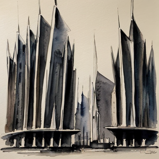 City inspired in the german expressionism architecture, exagerated forms, surreal buildings and deformed lines. Dark tone