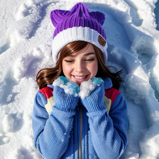 Create a pinkie pie equestria girls wearing light blue knit hats, light blue winter jacket, light blue mittens, purple pants and light blue boots in on back - lying down snow and making a snow angel in eyes closed and tooths grinw