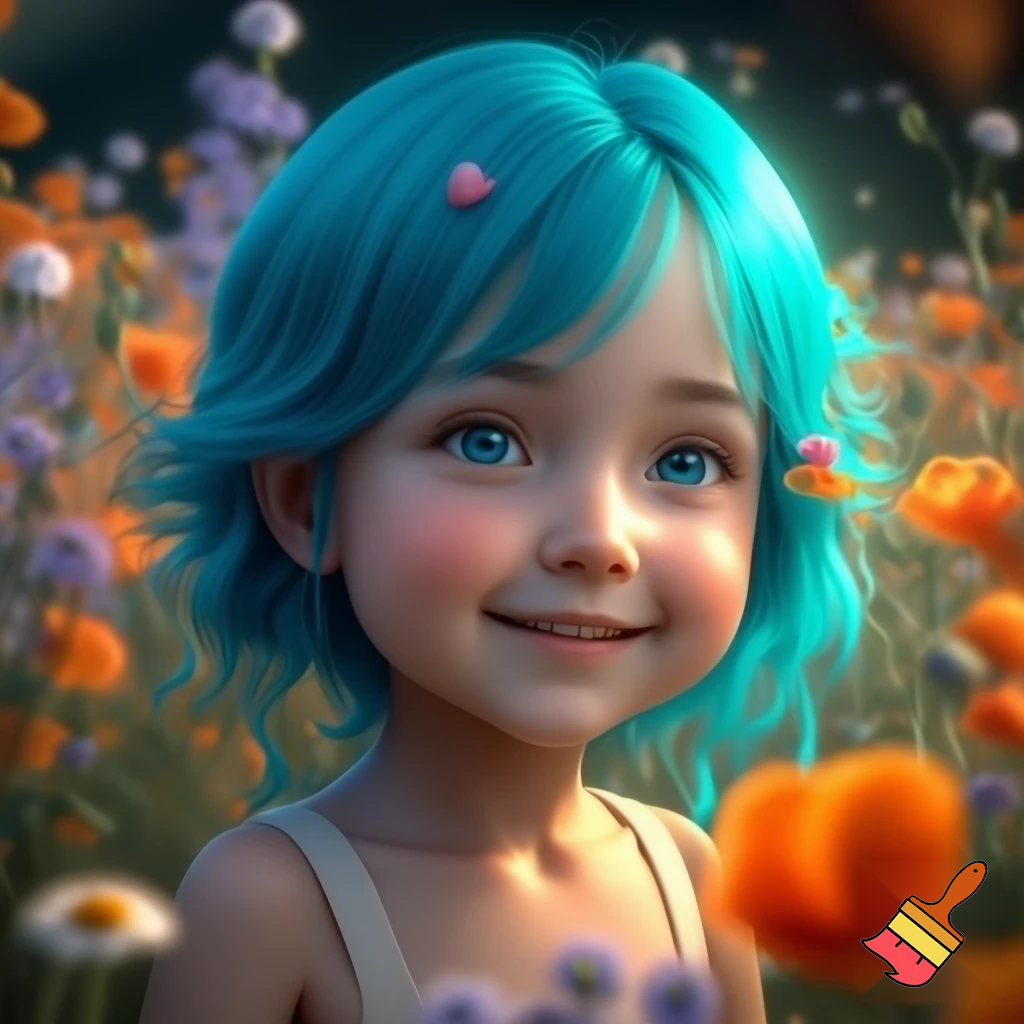 a girl in flowers with blue hair smileing