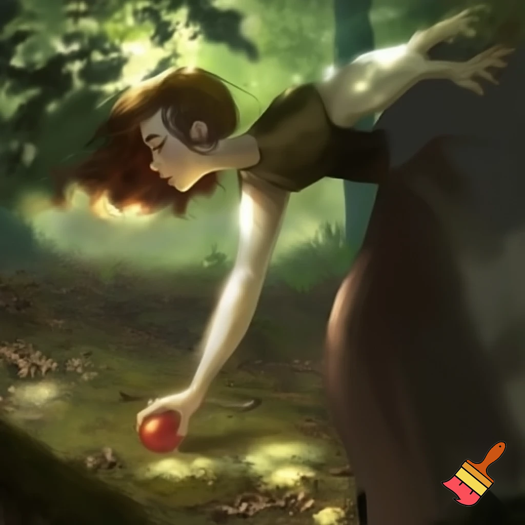 a woman bending over to pick up an apple
