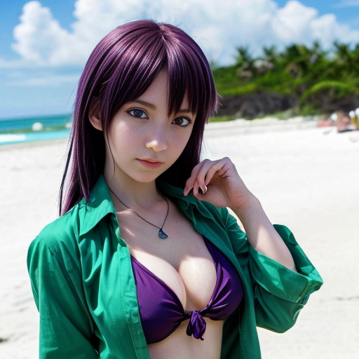 tall shiki ichinose idolmaster anime series blue eyes faded red wine hair+purple unbuttoned shirt+emerald beach bikini+resting on beach+medium distance zoomed-anime girl