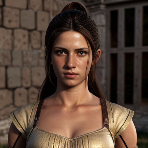 i would like an a ancient greek female fighter in clothes of 1821 of greece and lastly i want her to be happy and proud and at a distansce in a field