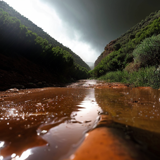 
"A dramatic cinematic shot of a powerful flash flood rushing through a Moroccan valley (Oued) with traditional red clay surroundings. In the foreground, a large, crystal-clear water drop is suspended in the air. Inside the drop, a reflection of a lush green forest is visible. The lighting is moody with golden hour sun rays. The style is hyper-realistic, 8k resolution, with a contrast between the muddy flood water and the pure blue drop."
