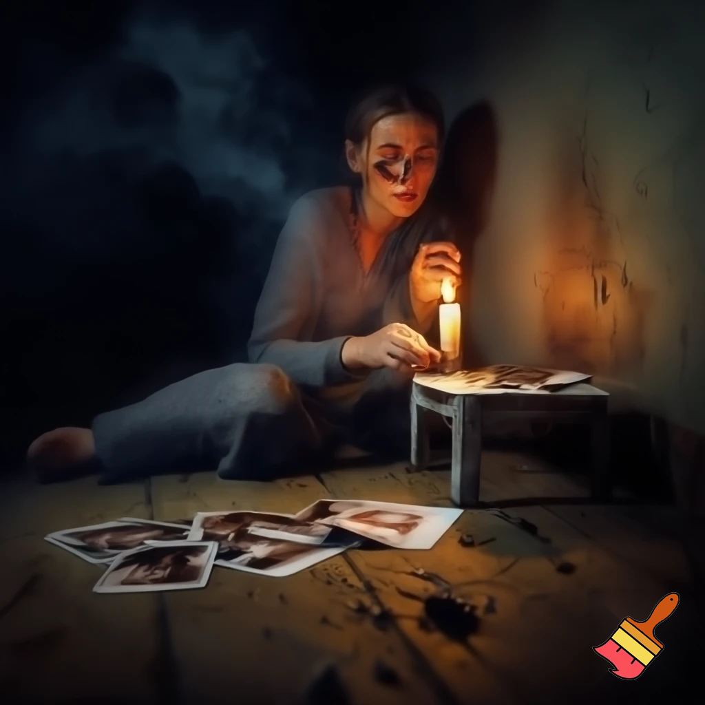 A cinematic, ultra-realistic scene of a woman lighting a candle in front of a partially burned but clearly visible family photograph. The candlelight creates a focused warm spotlight that illuminates the faces in the photo, revealing them clearly despite the burn marks. A single tear rolls down her cheek, reflecting the candlelight softly. Her expression shows deep sorrow and longing. The surrounding room is dark, with faint smoke and shadows fading into the background. She sits on an old wooden floor beside a small table covered with ashes and fragments of the burned photo. Behind her, a cracked, smoky wall adds texture and atmosphere. Shot with shallow depth of field, cinematic lighting, dramatic contrast, ultra-realistic textures, film still, 8k resolution.