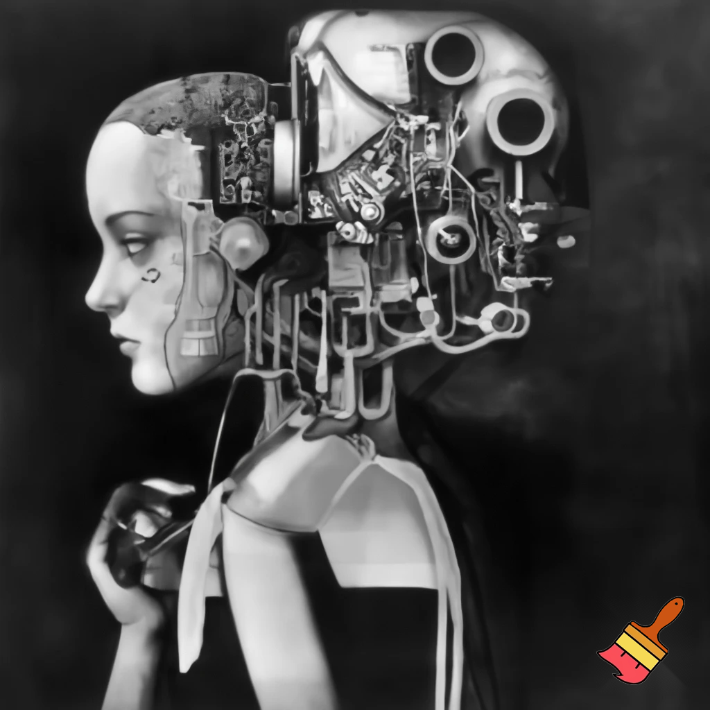 Bio-mechanical girl portrait, noise art. In the style of a 1920's German Expressionism. Black & white.