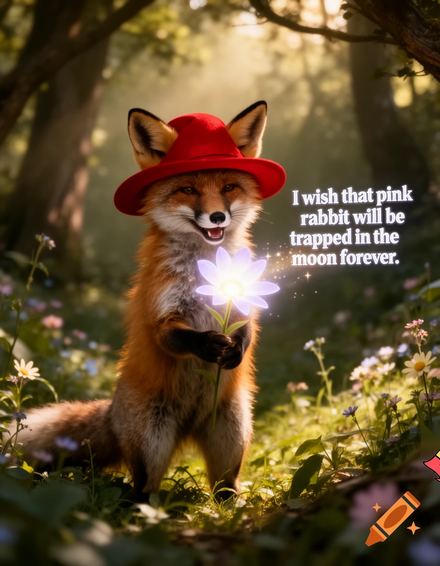 then the fox  with a red hat hold the magic flower and says i wish that pink rabbit will be trated in the moon forever