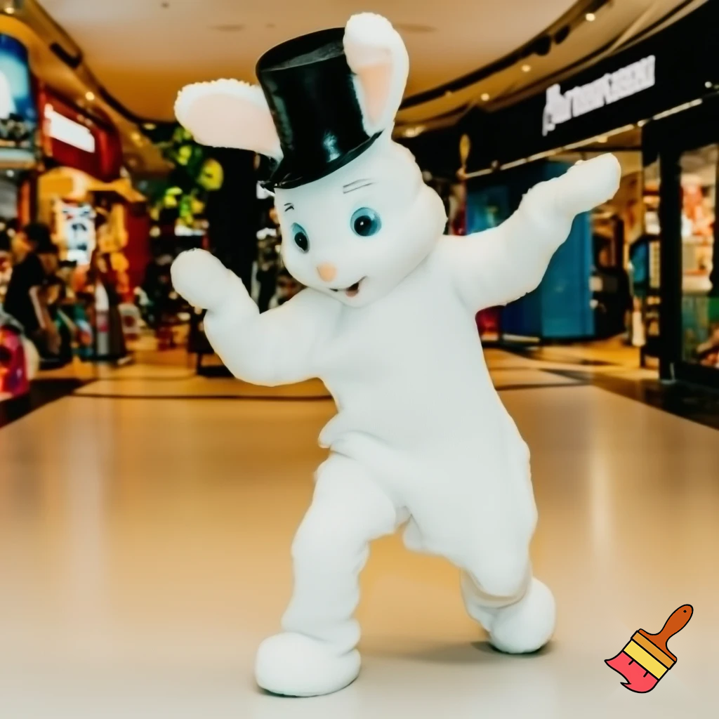 Easter bunny mascot top hat at the shopping centre mascot costume Darrell Lea magic room Australia dancing