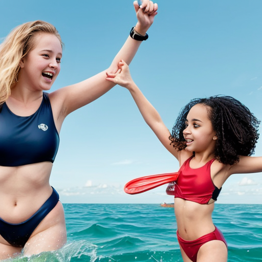 Two young small girls, one with dark skin, black curly hair and red two-piece swimsuit, and the other with light skin, blonde straight hair and blue two-piece swimsuit, they are playing in the sea, cartoon-style 