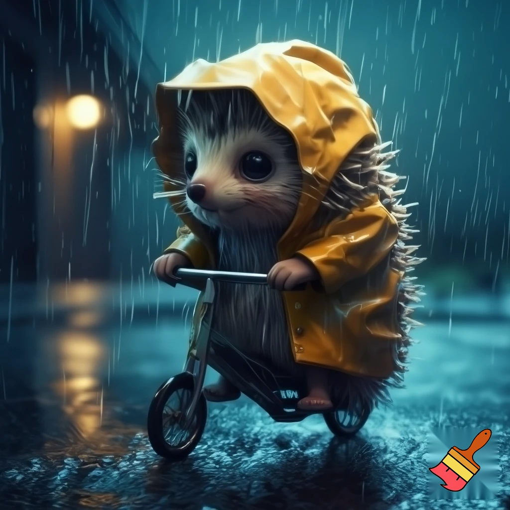 A sonic with a eyebrow gloomy tears  a sad mouth with bikecycle a stand rain raincoat yellow
