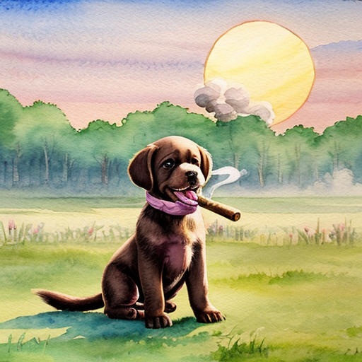 Roztomilé celé hnědé štěně drží v tlamě klacek, z kterého se na konci kouří, stojí proti zapadajícímu slunci, kolem louka a les. Kouř tvoří jemný obláček. Pohádková ilustrace, měkké světlo, dětský akvarel, hravá atmosféra.