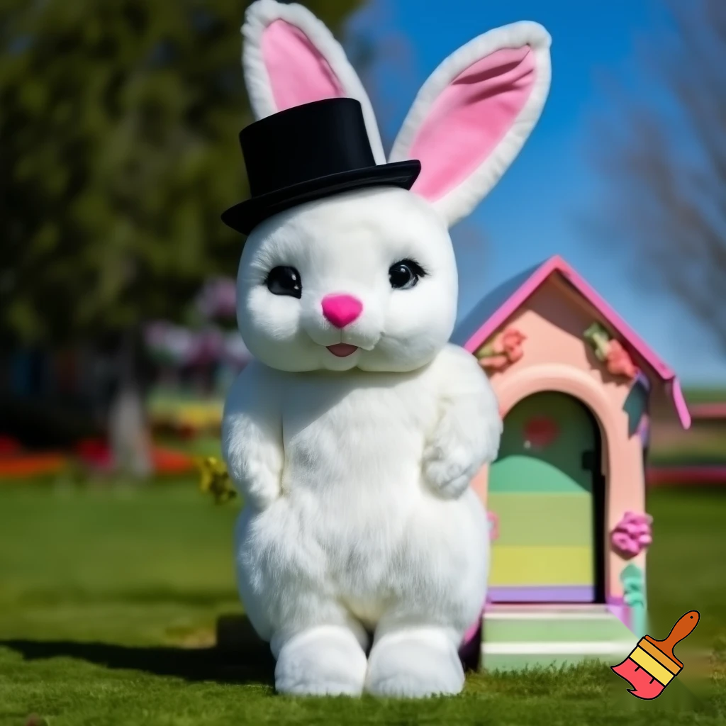 Easter bunny mascot top hat costume with a Easter bunny’s house