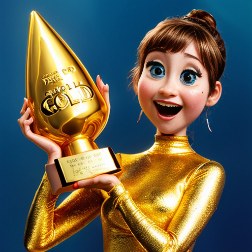 the emotion proud one person gold holding trophy Pixar cartoon style gold skin  happy pretty  gold face inside out movie gold everything orange