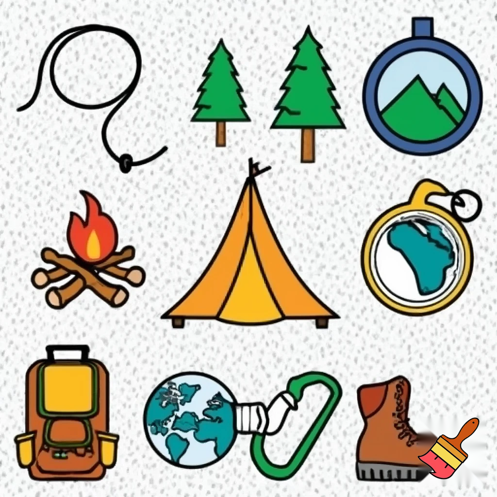 single icons of nature exploration in cartoon style : cord, fir tree, mountain, campfire, tent, carabiner, compass, backpack, world map, hiking shoe, binoculars