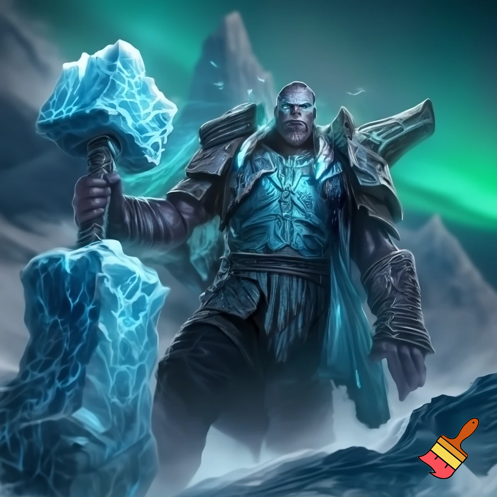 Draw a mythical warrior called Jatorr ice hammer 