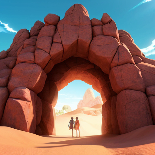 Colorize a desert Cave entrance arch with multiple abstract figures in Tanguy  style