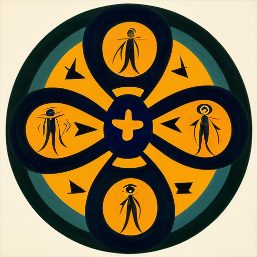 Put surreal Features in a circle consisting of multiple abstract figures in  Miro  and Matisse style